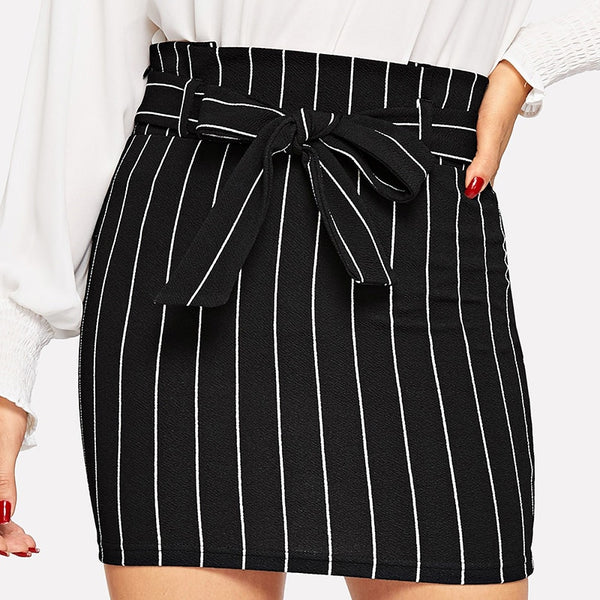 Black&White Paperbag Waist Belted Pinstripe Bodycon Skirt