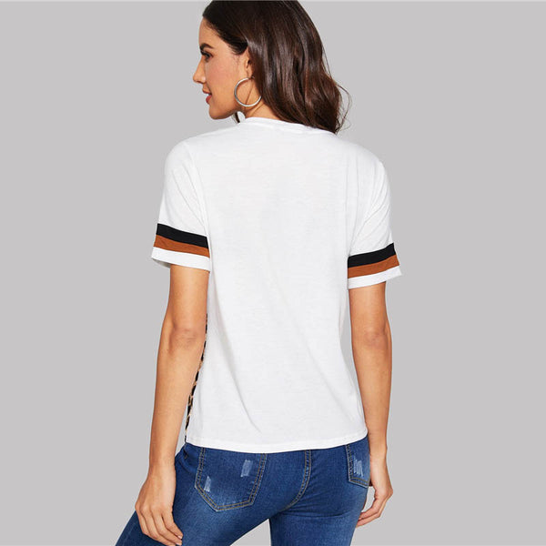 White Color Block Cut&Sew Leopard Panel T-Shirt