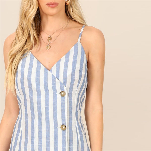 Beach Blue Single Breasted Wrap Striped Cami Sheath Short Dress