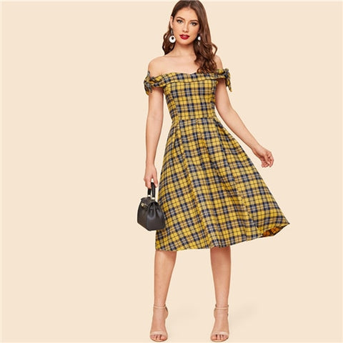Multicolor Bow Detail Plaid Fit and Flare Dress