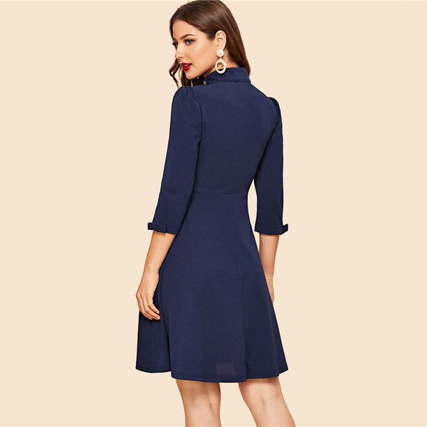 Navy Button Detail Bow Cuff Fit and Flare Dress