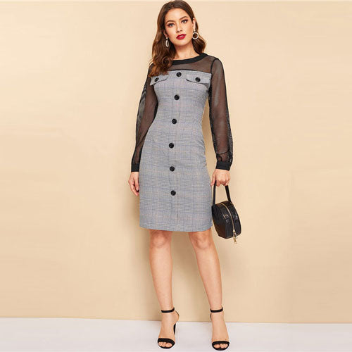 Button Front Plaid Fishnet Yoke Pencil Slim Dress
