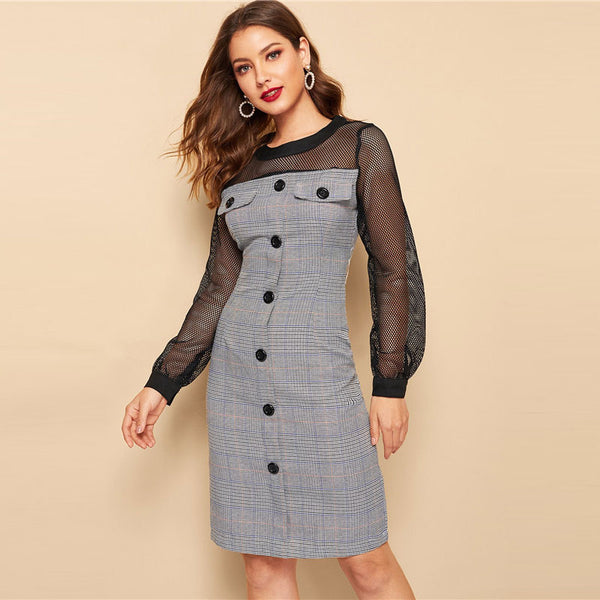 Button Front Plaid Fishnet Yoke Pencil Slim Dress