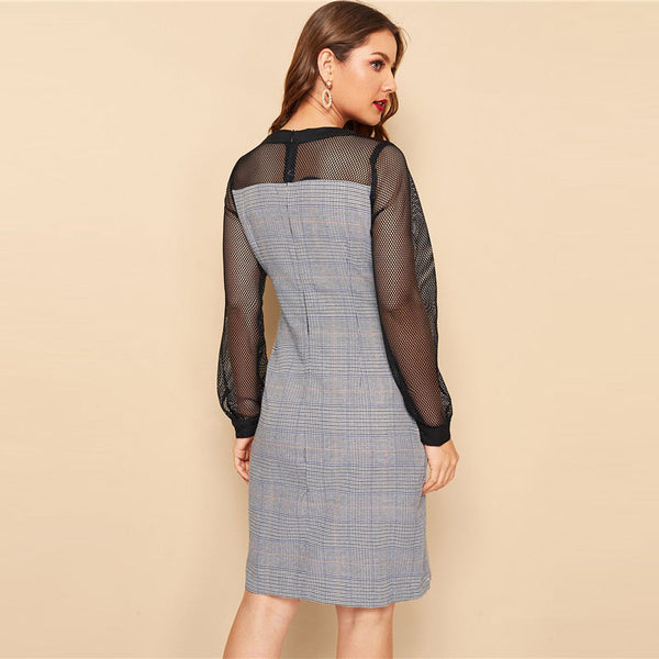 Button Front Plaid Fishnet Yoke Pencil Slim Dress