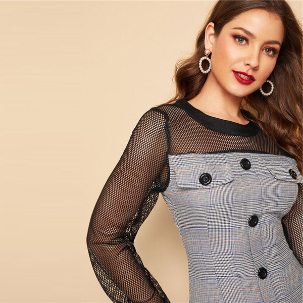 Button Front Plaid Fishnet Yoke Pencil Slim Dress