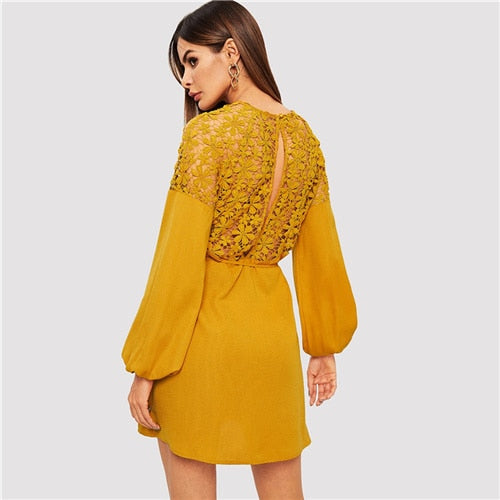 Bohemian Ginger Slit Back Lantern Raglan Lace Insert Dress