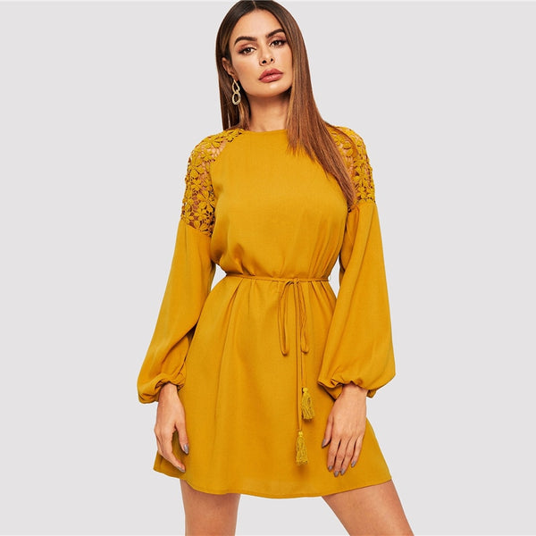 Bohemian Ginger Slit Back Lantern Raglan Lace Insert Dress