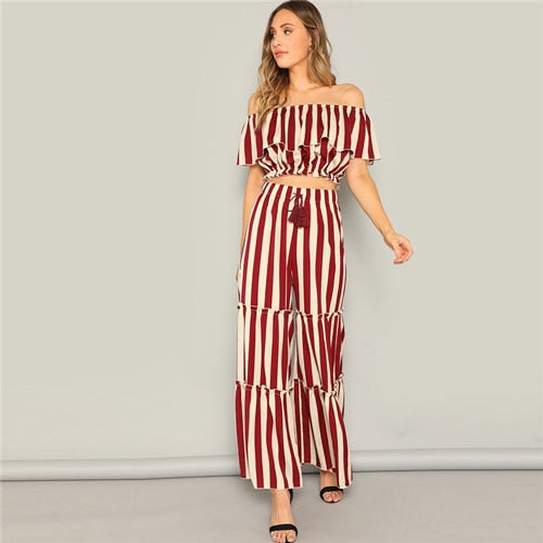 Ruffle Detail Striped Bardot Crop And Tired Pant