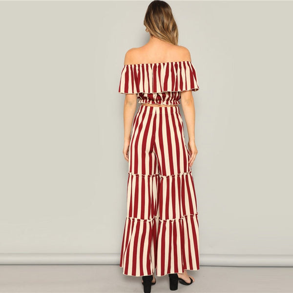 Ruffle Detail Striped Bardot Crop And Tired Pant