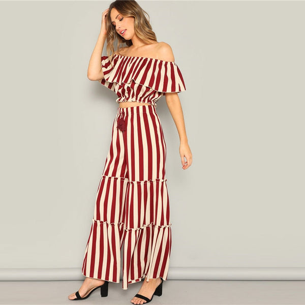 Ruffle Detail Striped Bardot Crop And Tired Pant