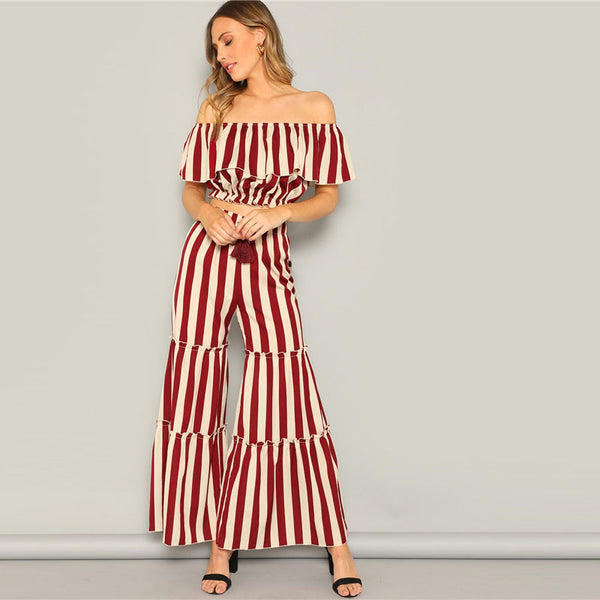 Ruffle Detail Striped Bardot Crop And Tired Pant