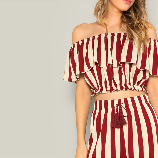 Ruffle Detail Striped Bardot Crop And Tired Pant