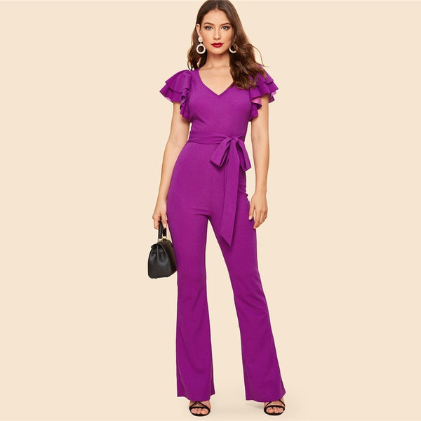 Purple Layered Sleeve Belted Flare Leg Plain Jumpsuit