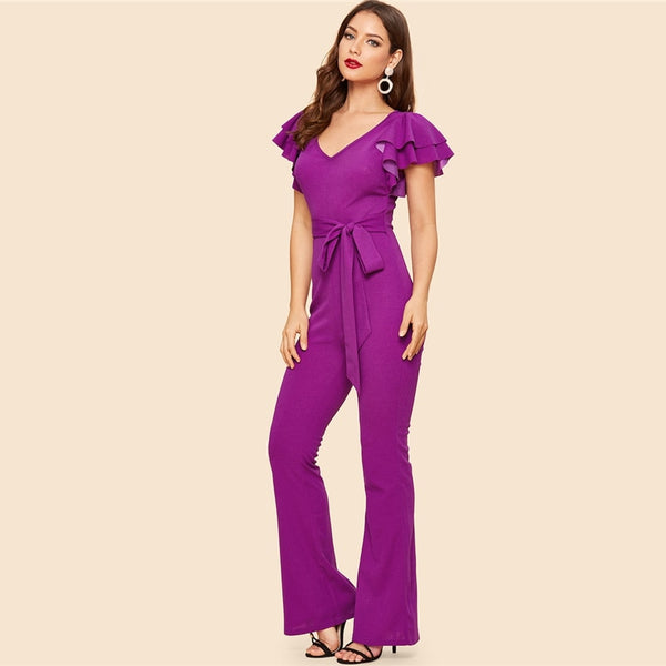 Purple Layered Sleeve Belted Flare Leg Plain Jumpsuit