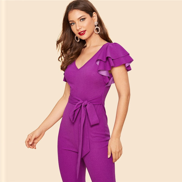 Purple Layered Sleeve Belted Flare Leg Plain Jumpsuit