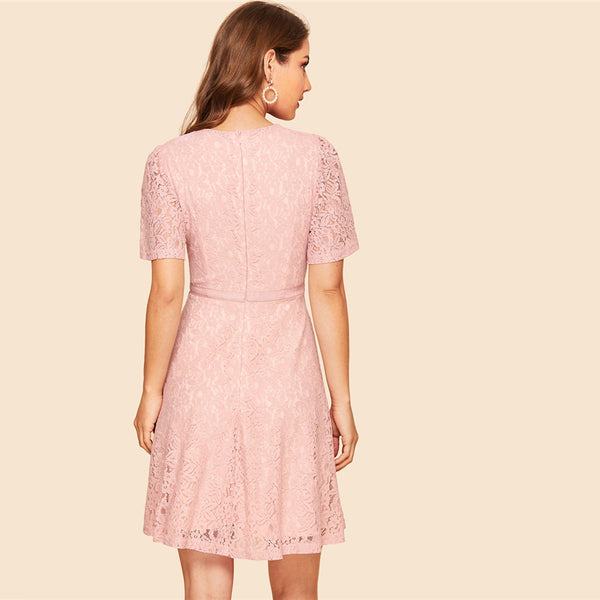 Pink Knotted Waist Floral Lace Short Dress