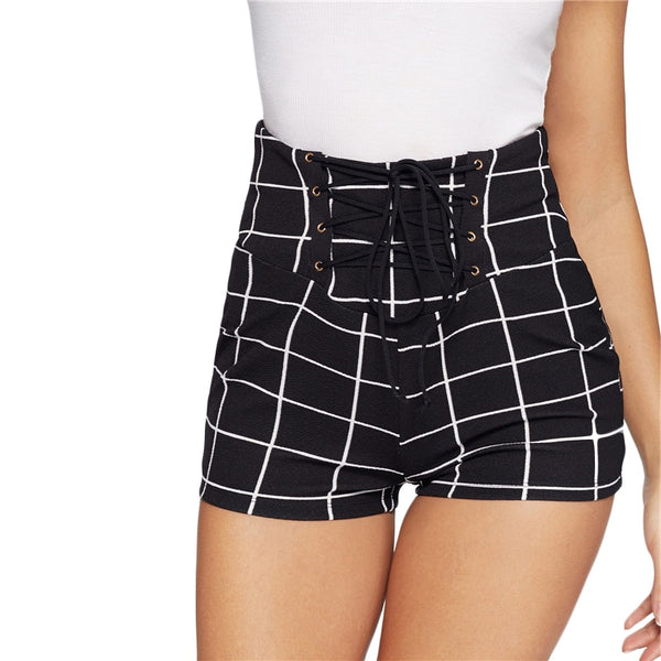 Black Lace Up Front Plaid Skinny Short