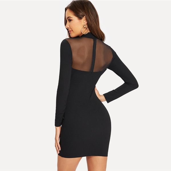 Glamorous Sexy Black Contrast Mesh Sweetheart Fitted Zipper Dress