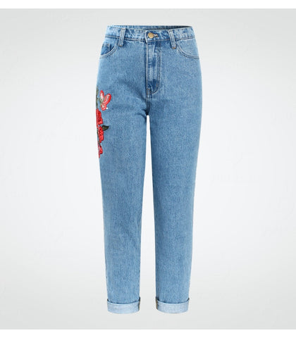 High Waisted Boyfriend Jeans With Embroidery Flower