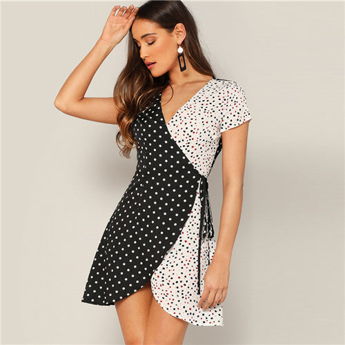 Black&White Cut And Sew Wrap Knot Polka Dot Mini Summer Dress