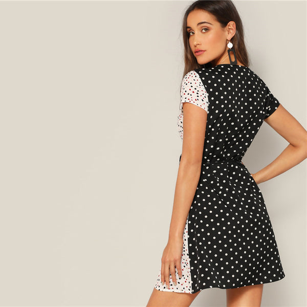 Black&White Cut And Sew Wrap Knot Polka Dot Mini Summer Dress