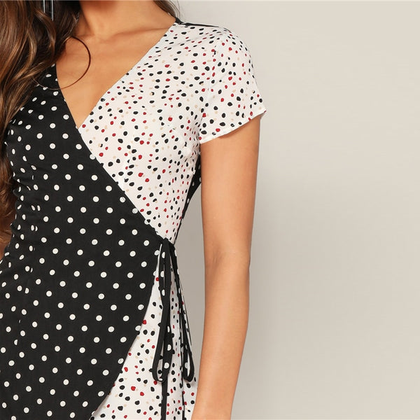 Black&White Cut And Sew Wrap Knot Polka Dot Mini Summer Dress