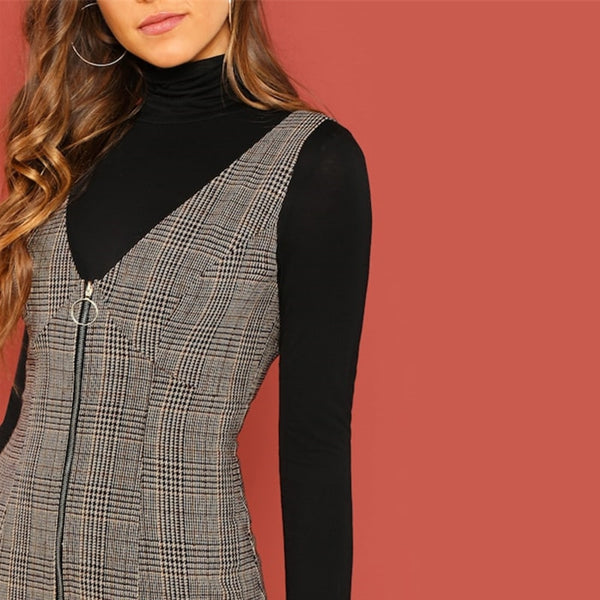 Coffee Deep V-Neck Zipper Up Fitted Shell Sleeveless Plaid Dress