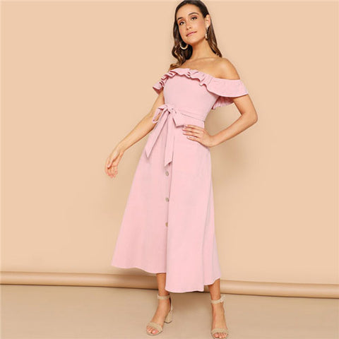 Pink Boho Flounce Foldover Off Shoulder Maxi Dress