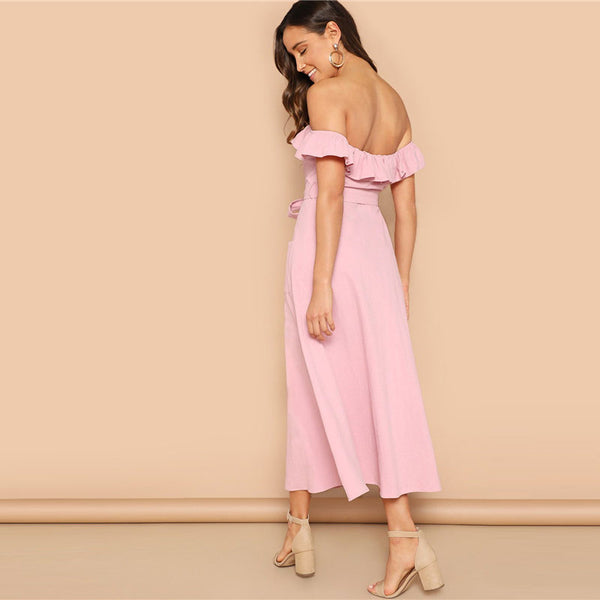 Pink Boho Flounce Foldover Off Shoulder Maxi Dress