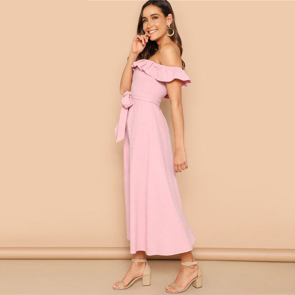 Pink Boho Flounce Foldover Off Shoulder Maxi Dress