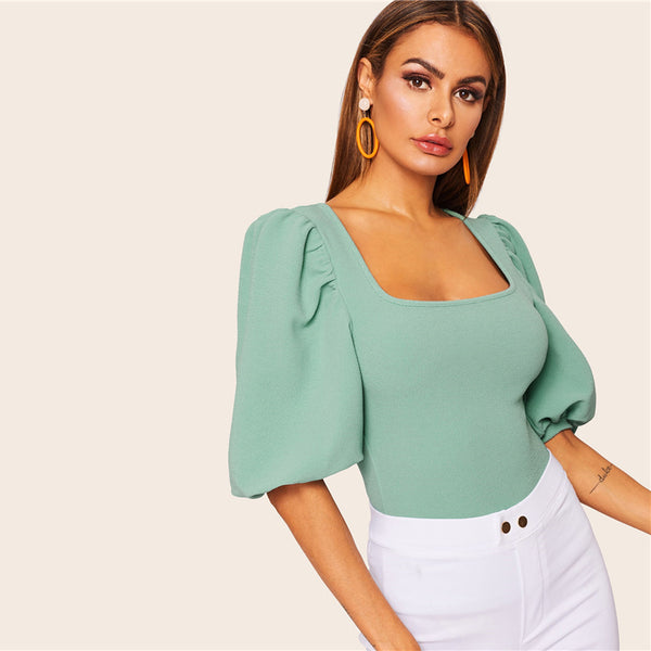 Turquoise Puff Fitted Square Neck T-Shirt