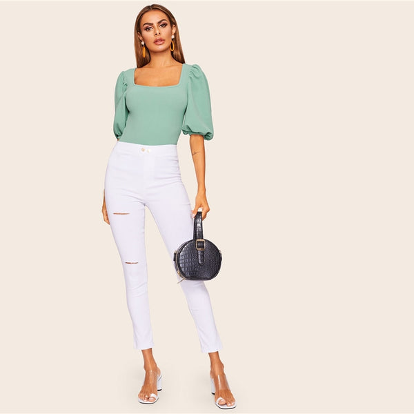 Turquoise Puff Fitted Square Neck T-Shirt