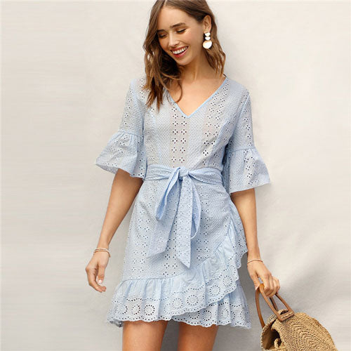 Blue Bell Sleeve Ruffle Wrap Hem Belted Schiffy Dress