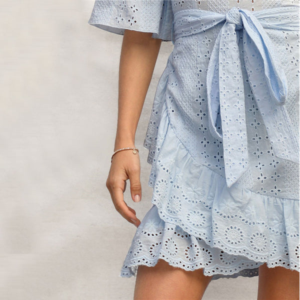 Blue Bell Sleeve Ruffle Wrap Hem Belted Schiffy Dress