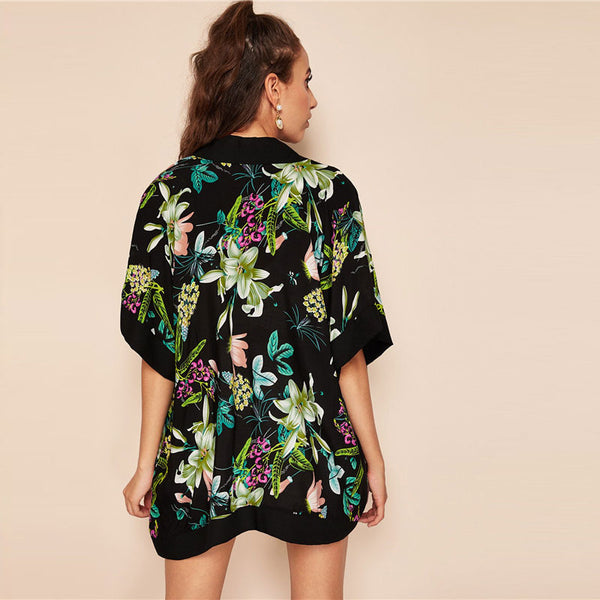 Botanical Floral Print Open Front Kimono