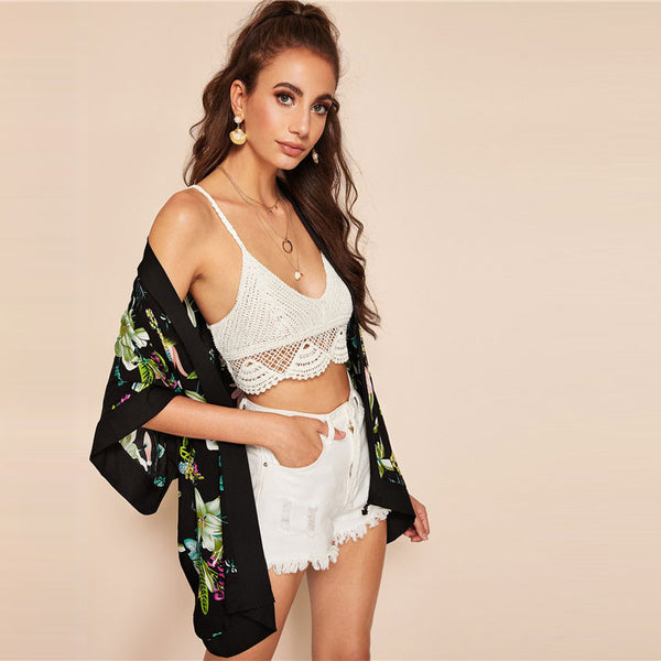 Botanical Floral Print Open Front Kimono