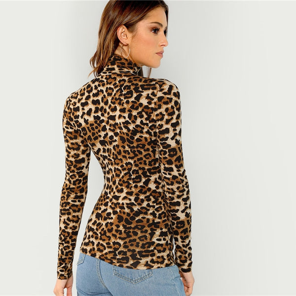 Brown High Neck Leopard Print Fitted T-Shirt