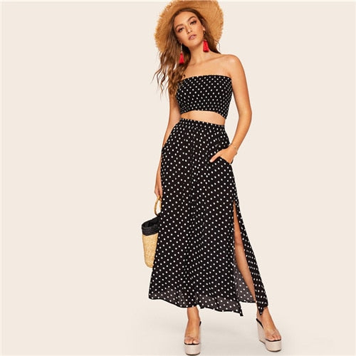 Boho Polka Dot Shirred And Black Maxi Skirt