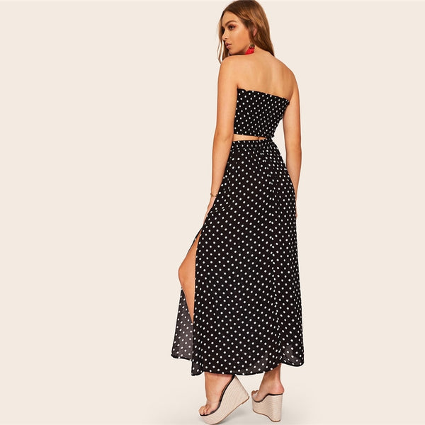 Boho Polka Dot Shirred And Black Maxi Skirt