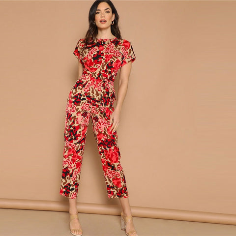 Lady Rolled Up Sleeve Knot Front Leopard Print Jumpsuit