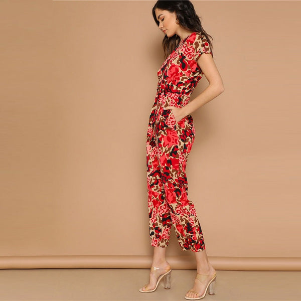 Lady Rolled Up Sleeve Knot Front Leopard Print Jumpsuit