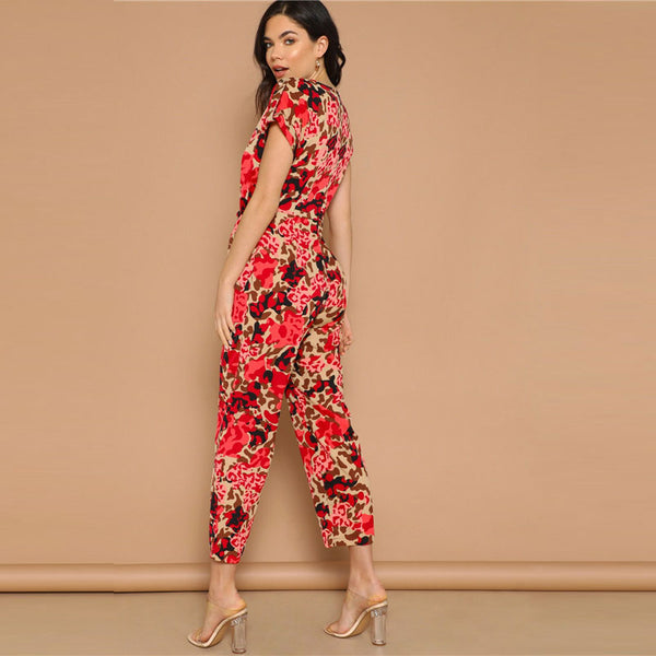 Lady Rolled Up Sleeve Knot Front Leopard Print Jumpsuit