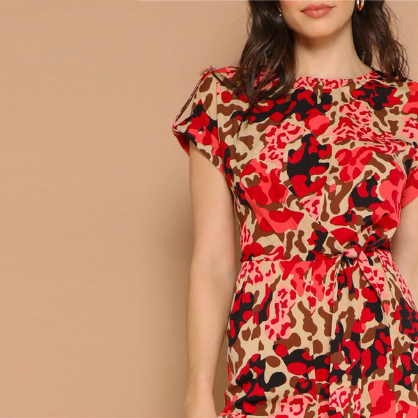 Lady Rolled Up Sleeve Knot Front Leopard Print Jumpsuit
