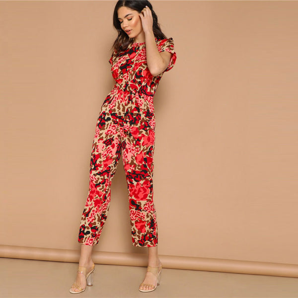 Lady Rolled Up Sleeve Knot Front Leopard Print Jumpsuit