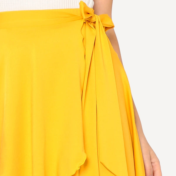 Yellow Elastic Waist Self Belted Overlap Skirt