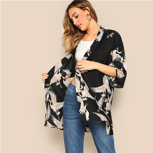 Black Crane Bird Print Side Slit Long Kimono