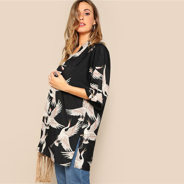 Black Crane Bird Print Side Slit Long Kimono