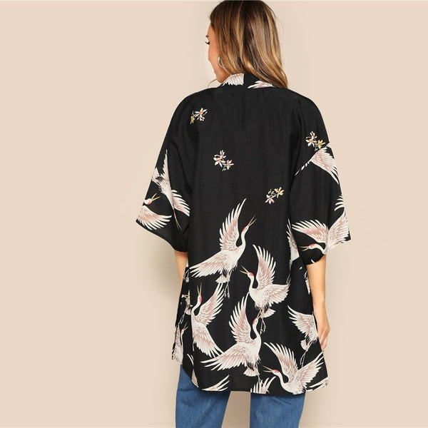 Black Crane Bird Print Side Slit Long Kimono