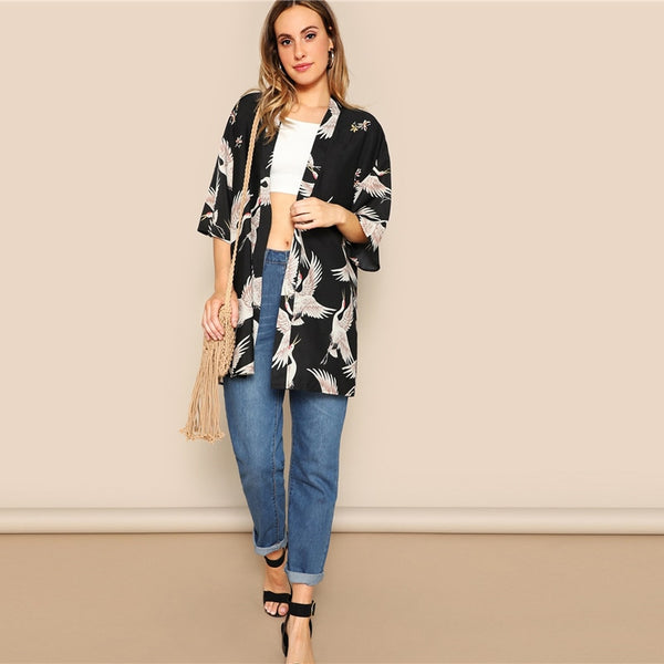 Black Crane Bird Print Side Slit Long Kimono
