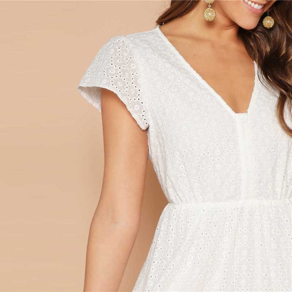 White Lace Eyelet Single Breasted V-Neck Solid Summer Dress